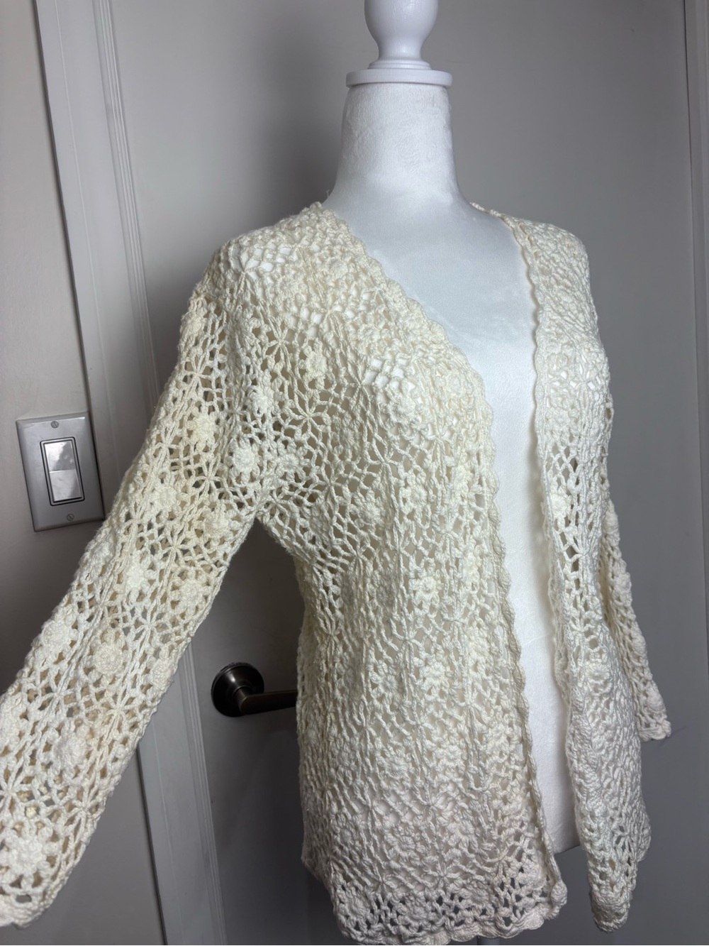 Open-Front Cream Crochet Cardigan Sweater